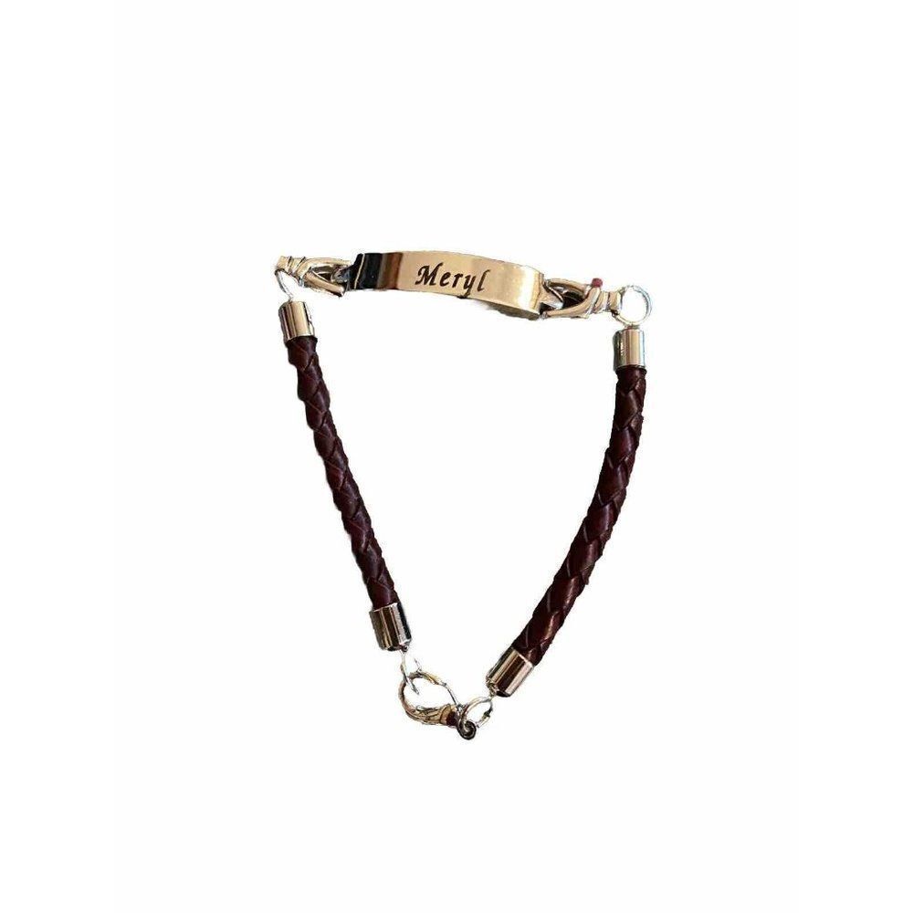 Name Tag Bracelet Meryl Faux Leather Silver Tone Burgundy